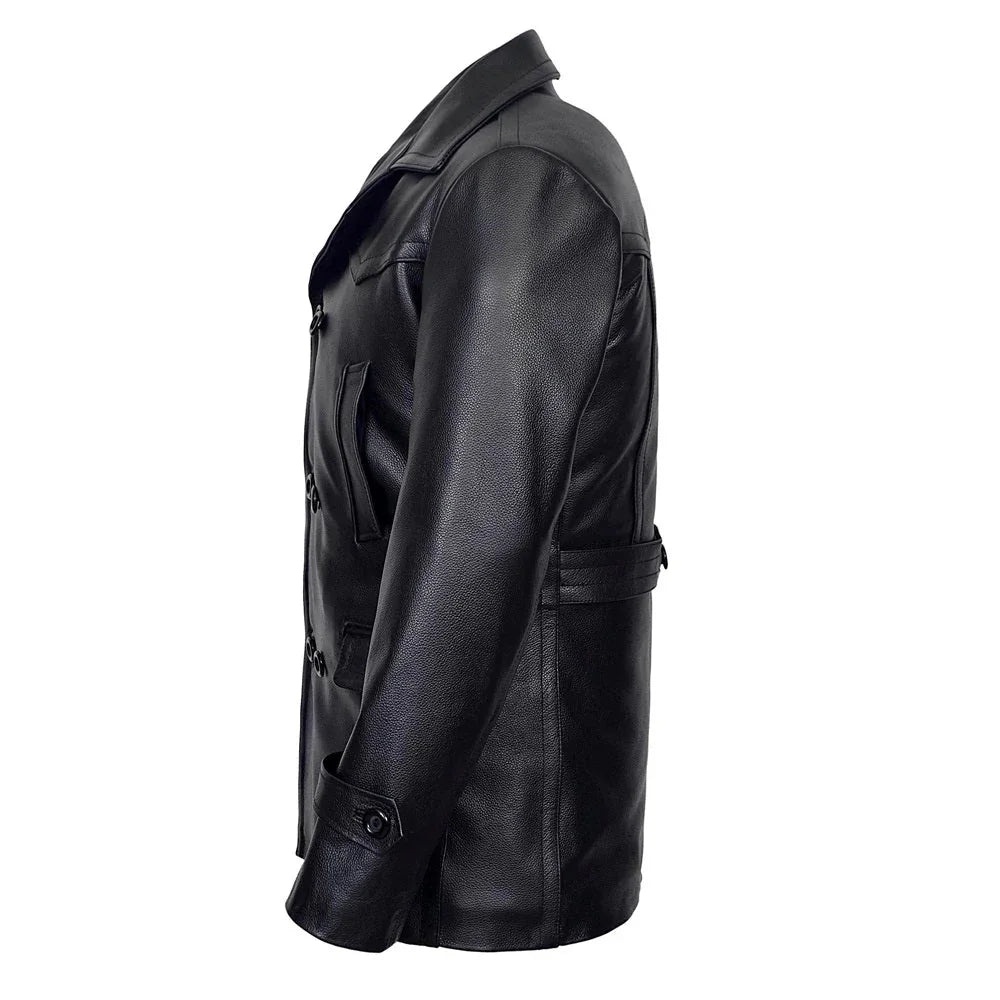 Vintage Black German Classic WW2 Officer Lambskin Leather Coat For Men