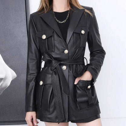 Solid Black Safari Belted Premium Sheepskin Leather Coat for Women