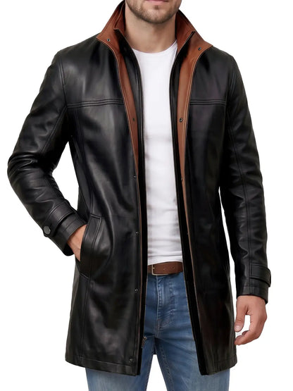 Men's Wide Lapel Black Lambskin 3/4 Length Leather Jacket