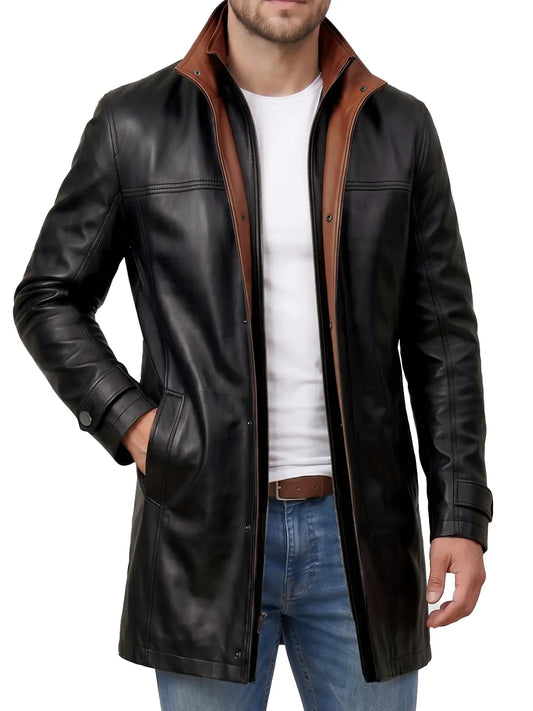 Men's Wide Lapel Black Lambskin 3/4 Length Leather Jacket