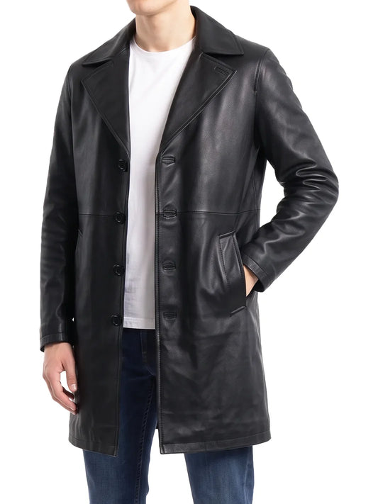 Men's Black 3/4 Length Real Leather Car Coat