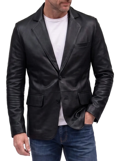 Men's Black Lambskin Leather Blazer with Two-Button Front