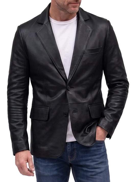 Men's Black Lambskin Leather Blazer with Two-Button Front