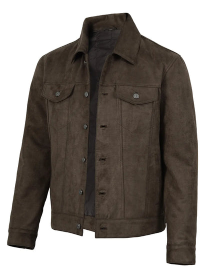 Men's Dark Brown Faux Suede Trucker Jacket