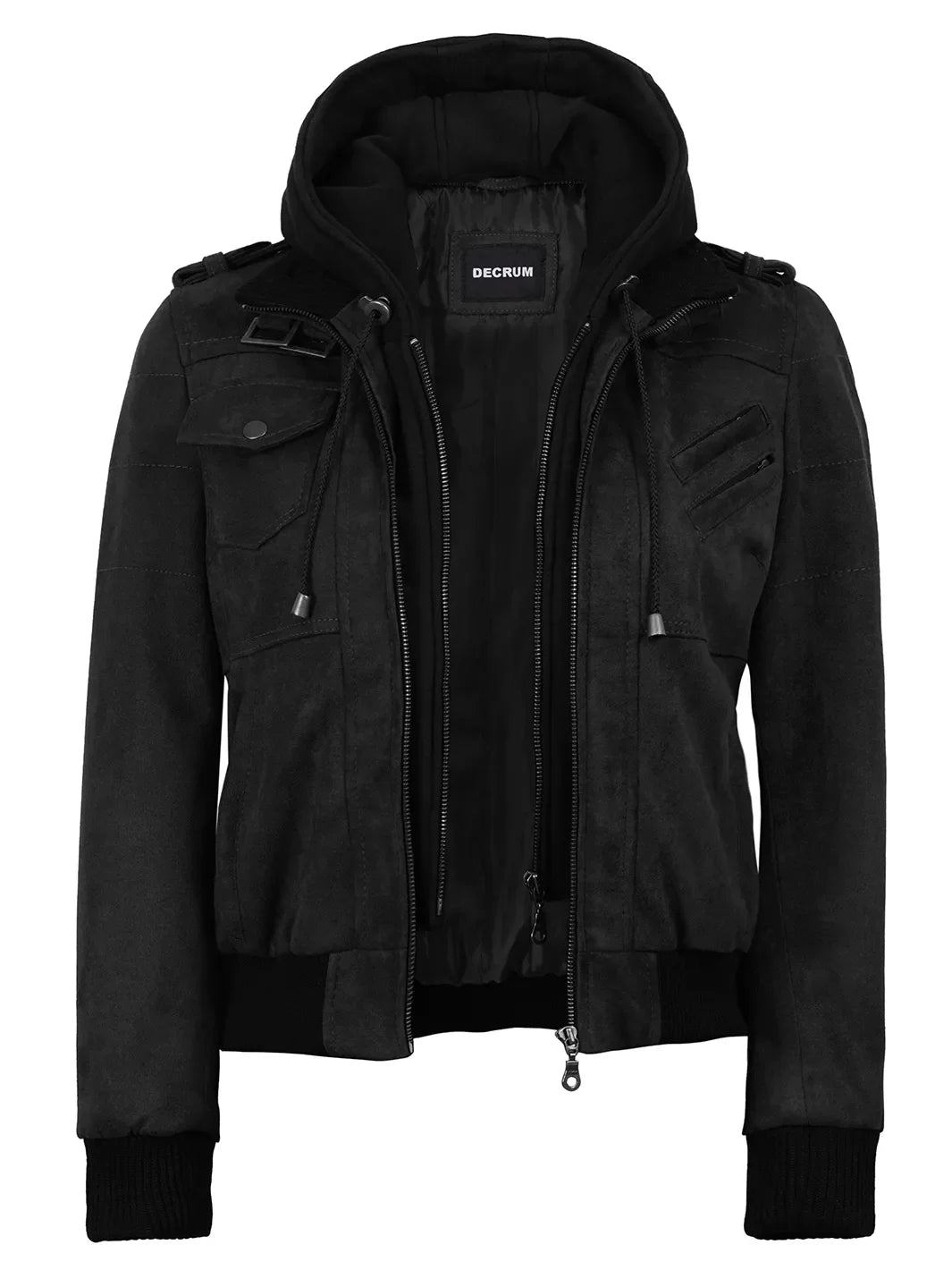 Women's Black Faux Suede Hooded Bomber Jacket