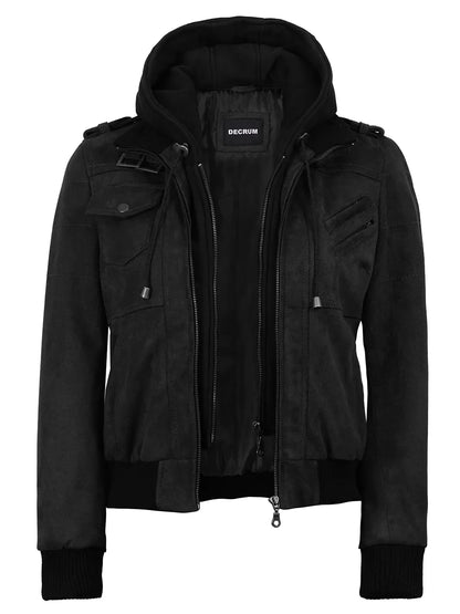 Women's Black Faux Suede Hooded Bomber Jacket