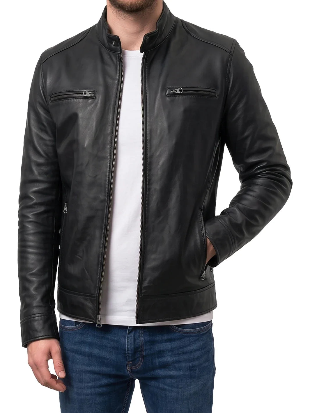 Men's Black Lambskin Leather Cafe Racer Jacket