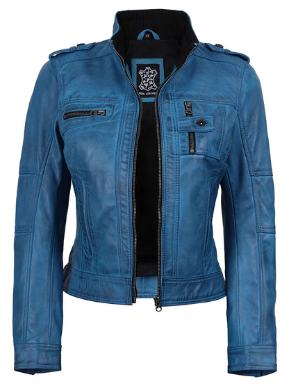 Tavares Womens Vivid Blue Biker Style Leather Jacket