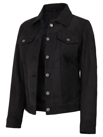 Women's Black Faux Suede Trucker Jacket