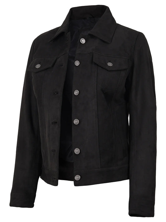 Women's Black Faux Suede Trucker Jacket