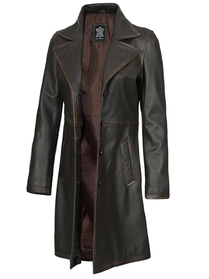 Women's Long Rub-Off Brown Lambskin Leather Coat
