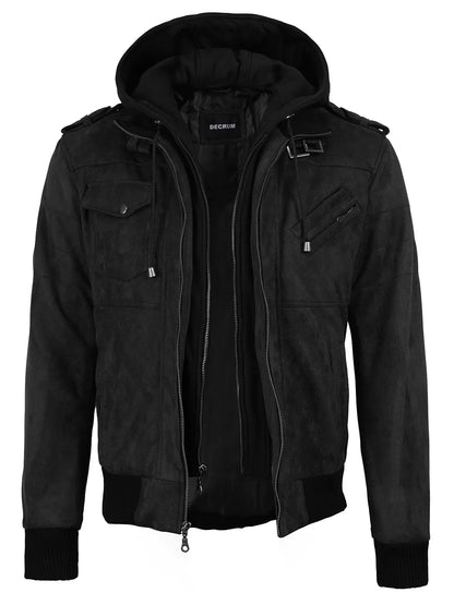 Men's Black Faux Suede Hooded Bomber Jacket
