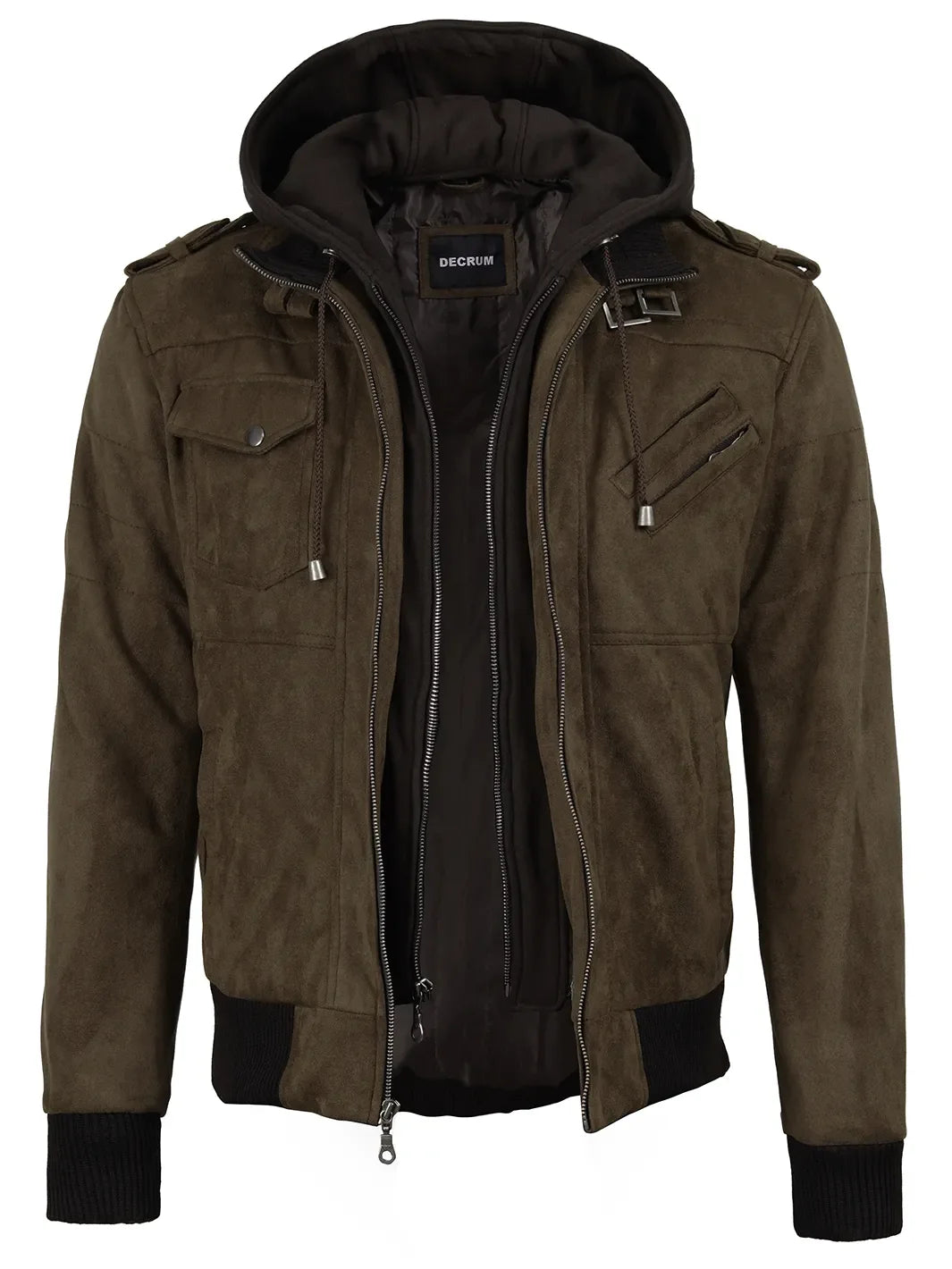 Men's Dark Brown Faux Suede Hooded Bomber Jacket