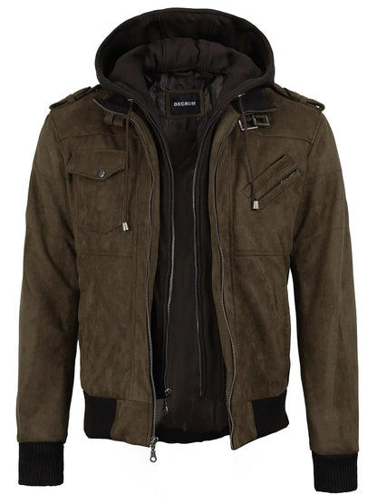 Men's Dark Brown Faux Suede Hooded Bomber Jacket