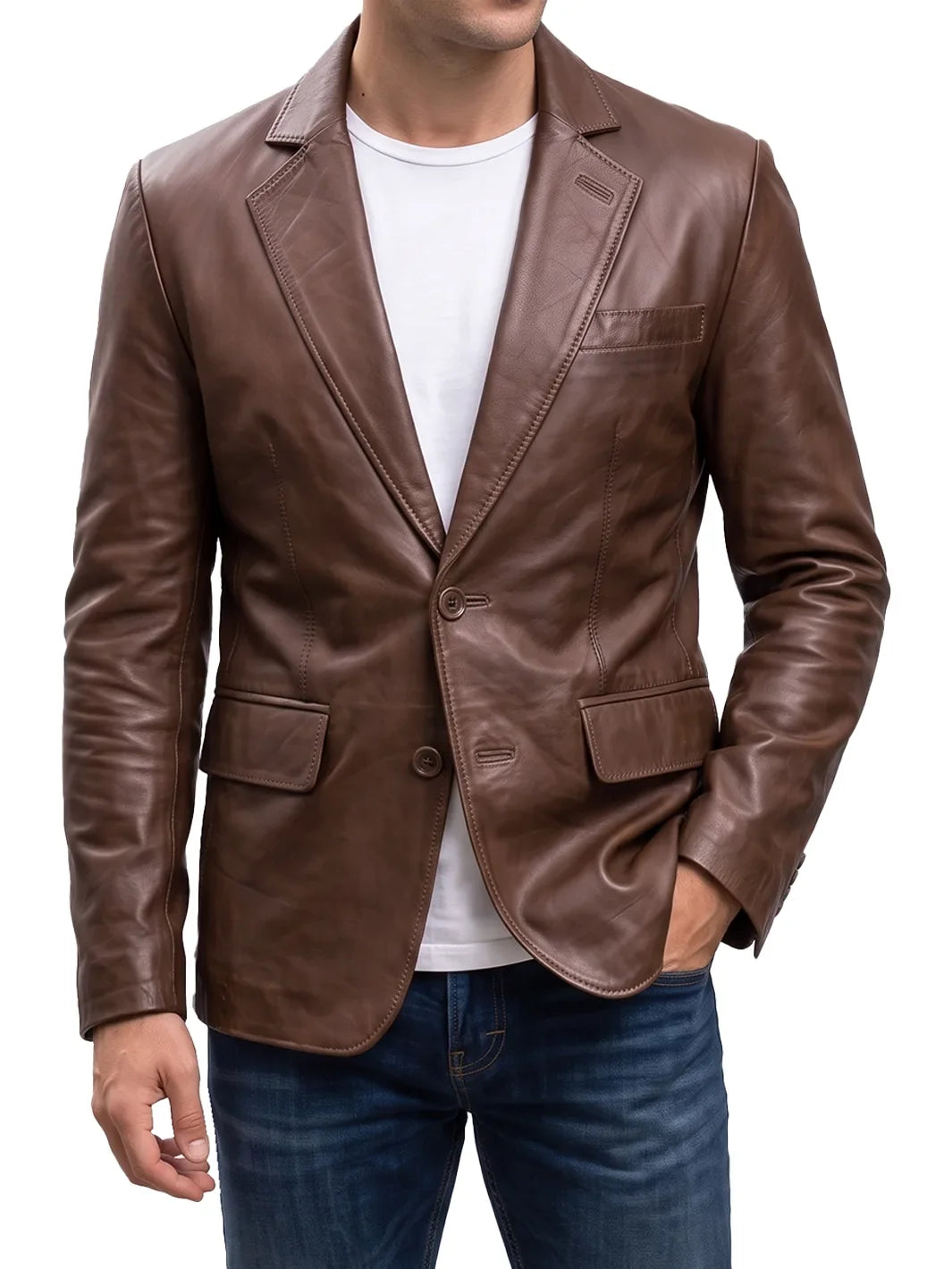 Men's Cognac Brown Two-Button Leather Blazer