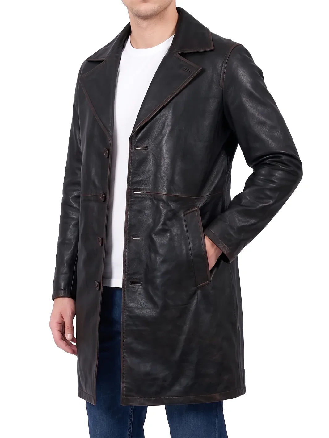 Men's Dark Brown 3/4 Length Real Leather Coat