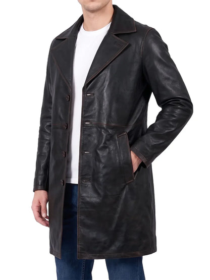 Men's Dark Brown 3/4 Length Real Leather Coat
