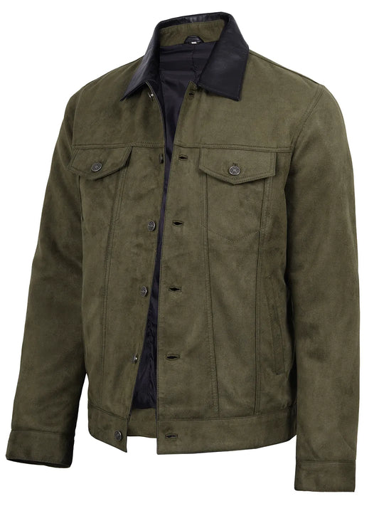 Men's Olive Green Faux Suede Trucker Jacket