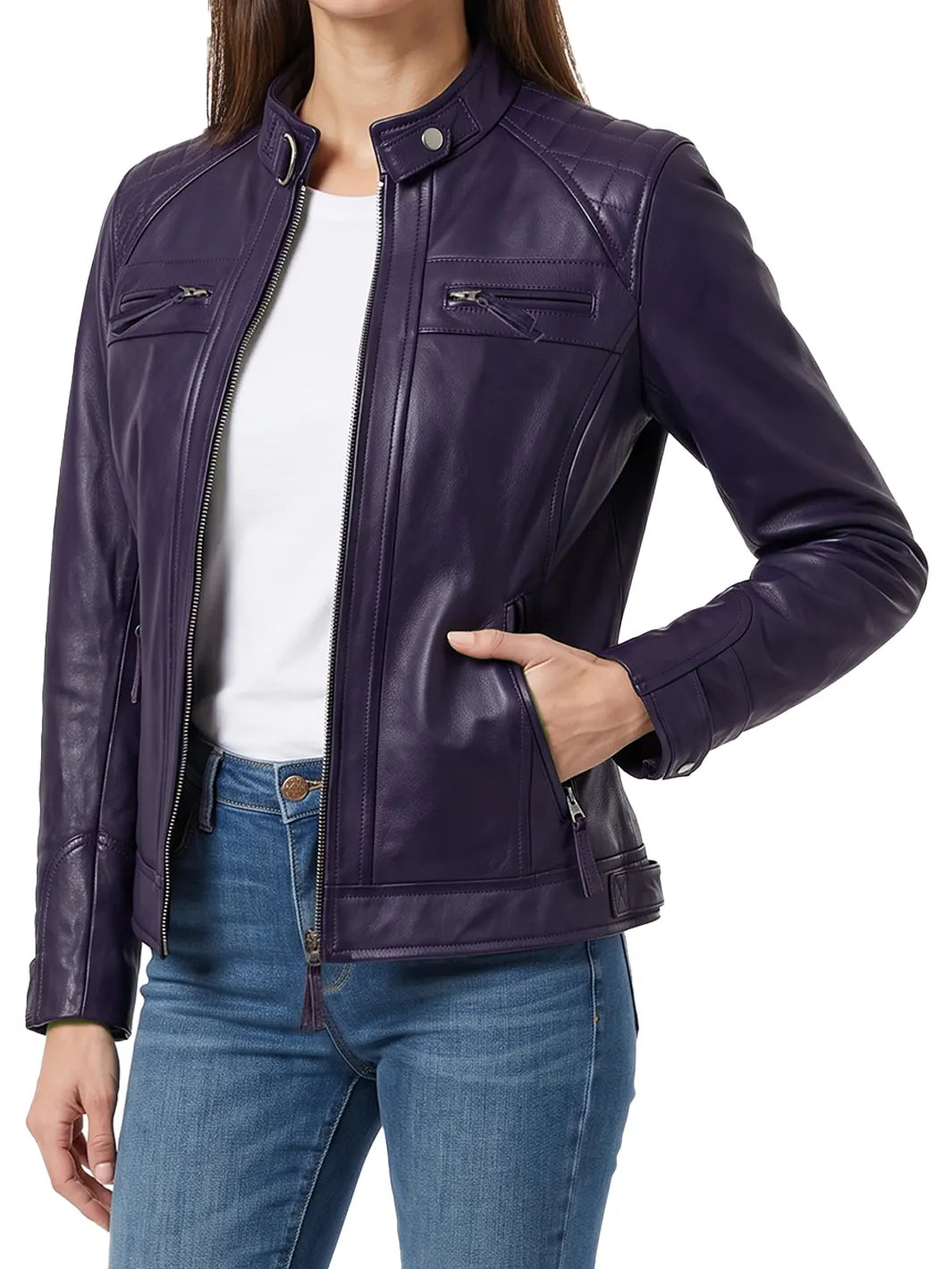 Johnson Women's Purple Quilted Cafe Racer Style Leather Jacket