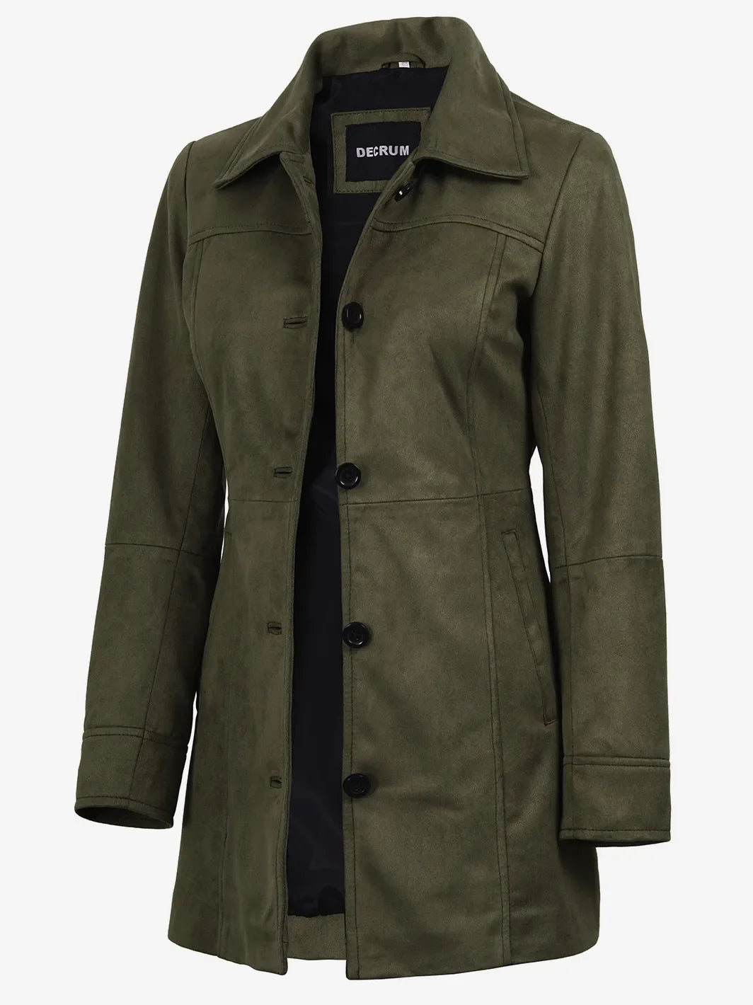 Women's 3/4 Length Olive Green Faux Suede Coat — Button Front