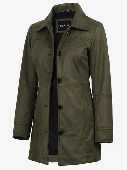 Women's 3/4 Length Olive Green Faux Suede Coat — Button Front