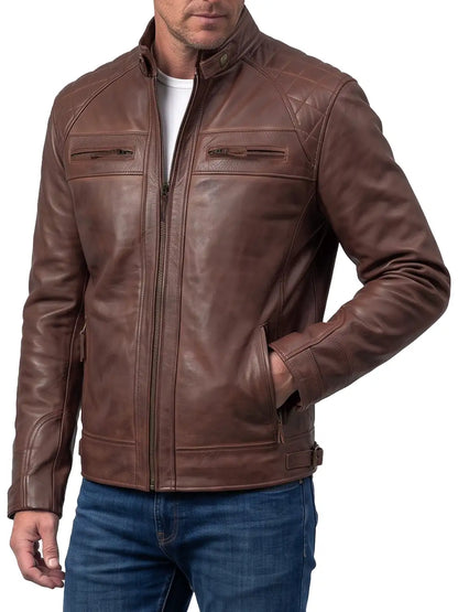 Men's Cognac Brown Quilted Leather Cafe Racer Jacket