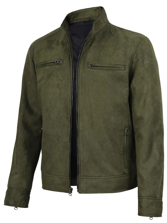 Men's Olive Green Faux Suede Cafe Racer Jacket