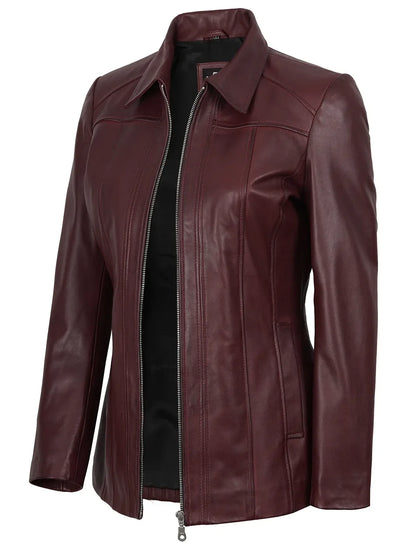 Marsha Women's Real Leather Burgundy Car Coat