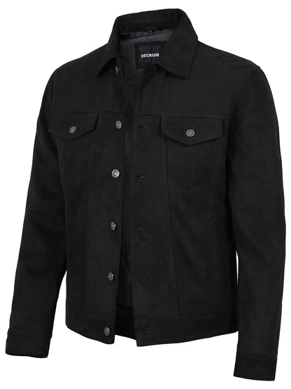 Men's Black Faux Suede Trucker Jacket