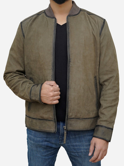 Men's Olive Green Suede Leather Bomber Jacket Max Jackets