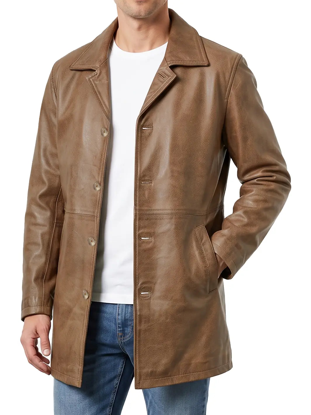 Winchester — Men's Camel Brown 3/4 Length Leather Car Coat