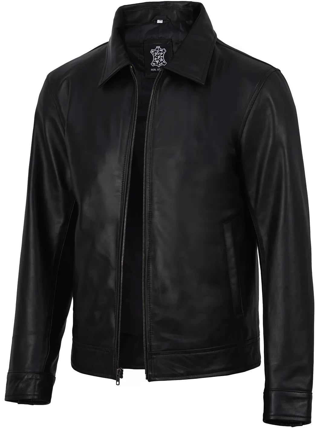 Men's Black Harrington Leather Jacket | Shirt Style Collar