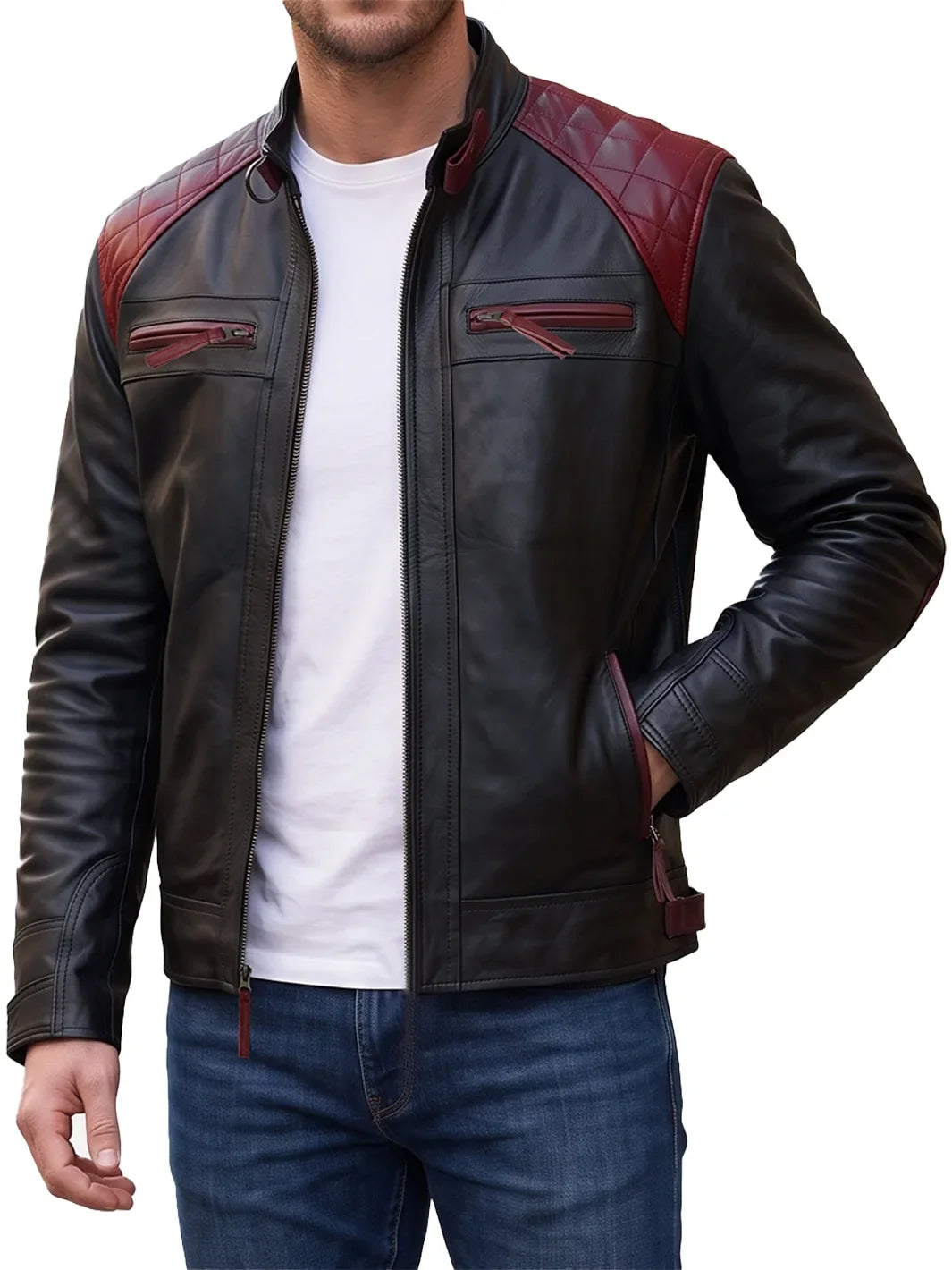 Men's Black and Burgundy Quilted Leather Cafe Racer Jacket
