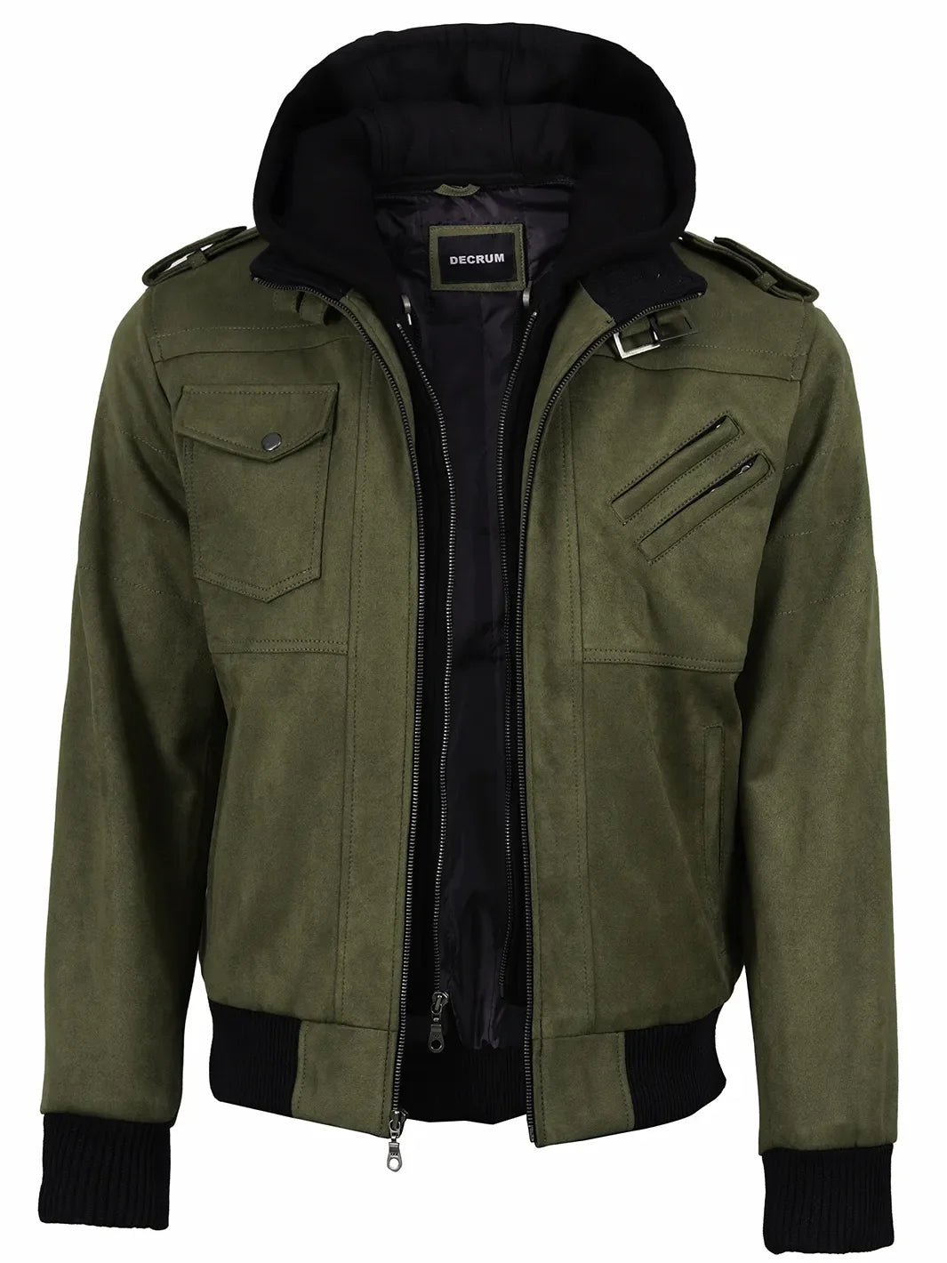Men's Olive Green Faux Suede Hooded Bomber Jacket