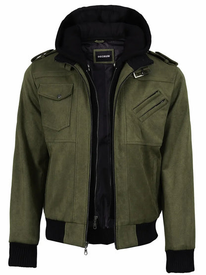 Men's Olive Green Faux Suede Hooded Bomber Jacket