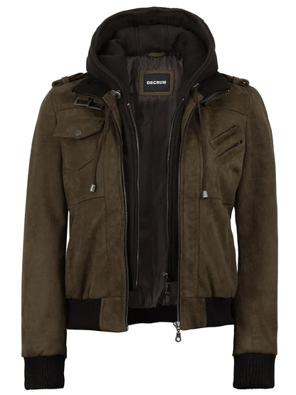 Women's Dark Brown Faux Suede Hooded Bomber Jacket