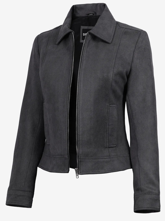 Women's Dark Grey Faux Suede Harrington Jacket