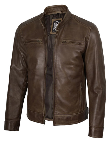 Men's Coffee Brown Waxed Lambskin Cafe Racer Jacket
