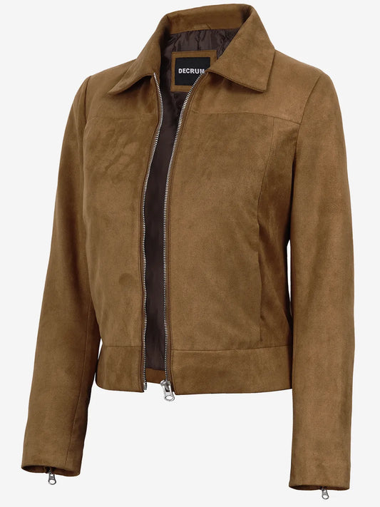 Women's Light Brown Faux Suede Harrington Jacket