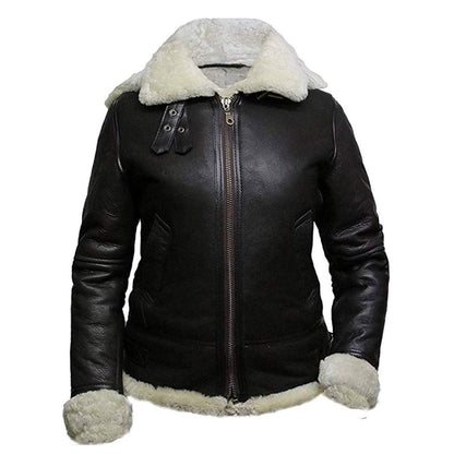 B3 Hooded Bomber White Fur Faux Shearling Sheepskin Leather Jackets for Women