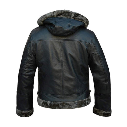 Aviator Black Removable Hood Shearling Sheepskin Leather Jacket for Men