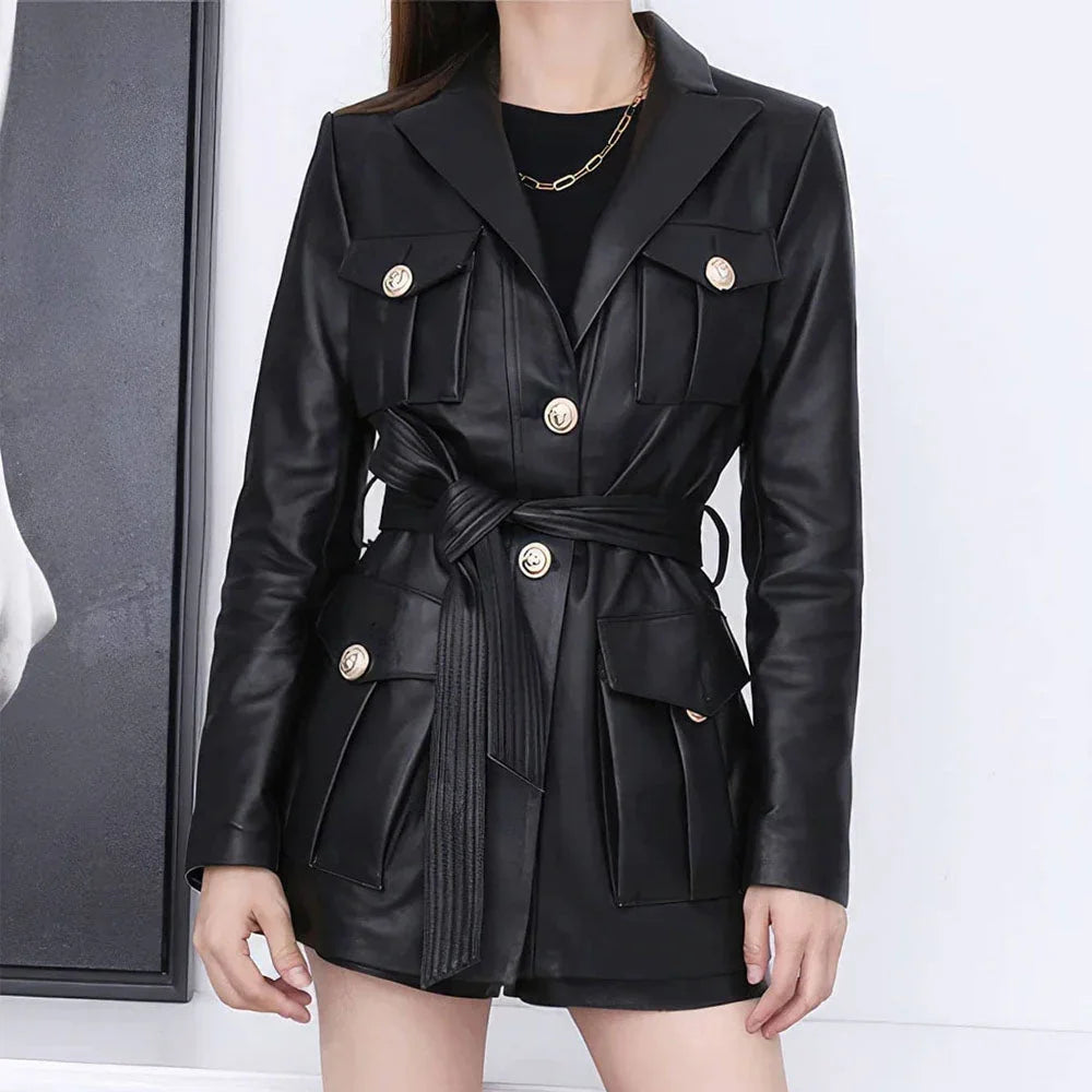 Solid Black Safari Belted Premium Sheepskin Leather Coat for Women