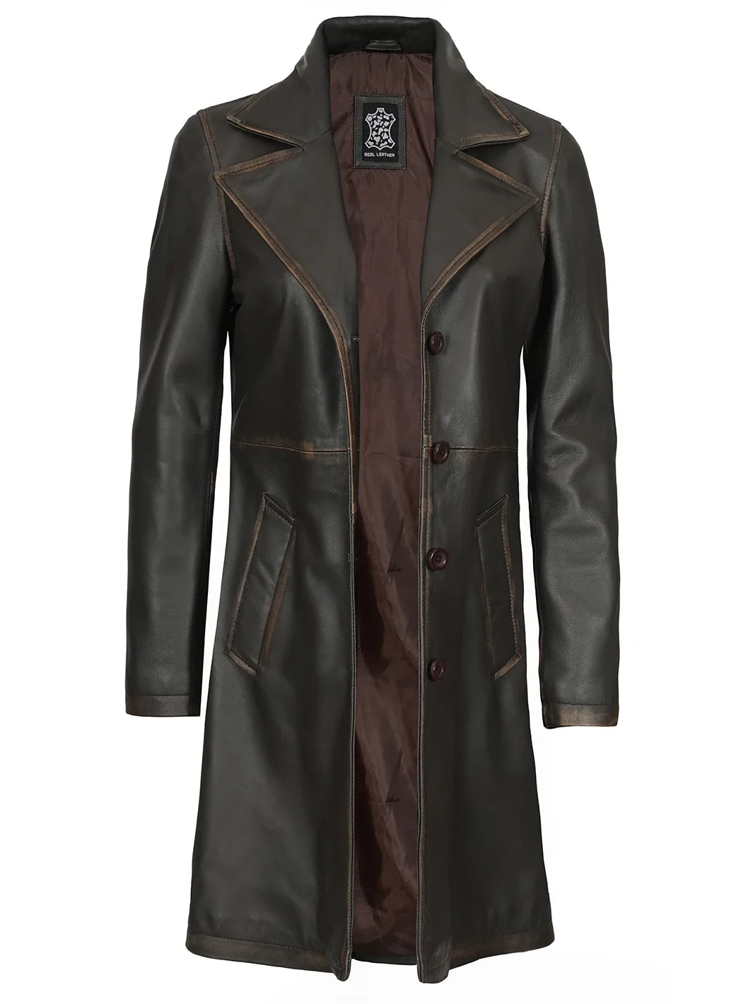 Women's Long Rub-Off Brown Lambskin Leather Coat