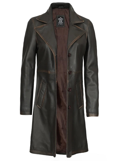 Women's Long Rub-Off Brown Lambskin Leather Coat
