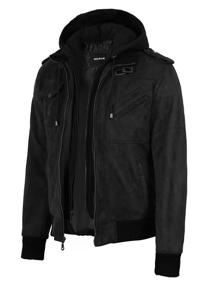 Men's Black Faux Suede Hooded Bomber Jacket