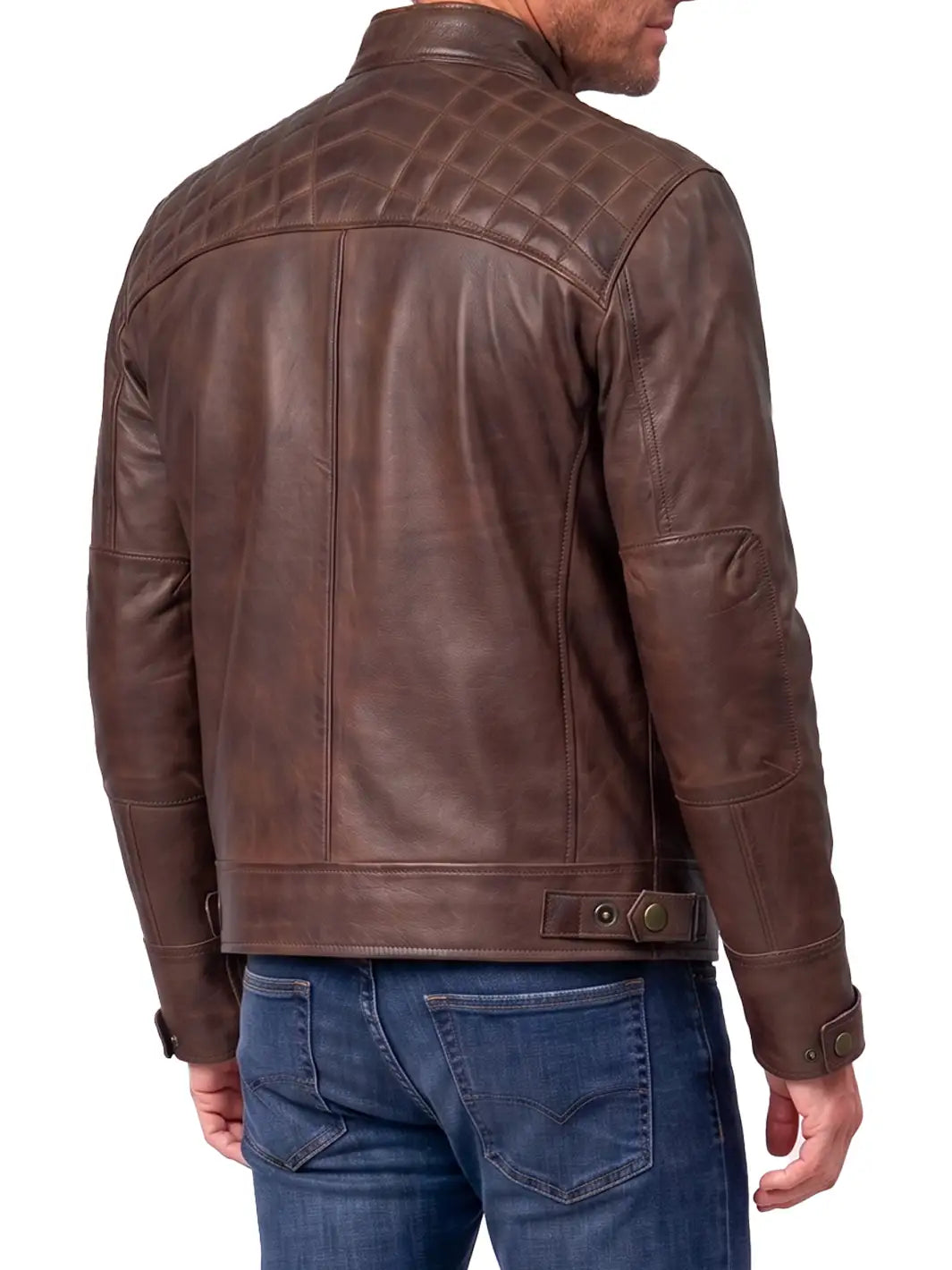 Men's Cognac Brown Quilted Leather Cafe Racer Jacket