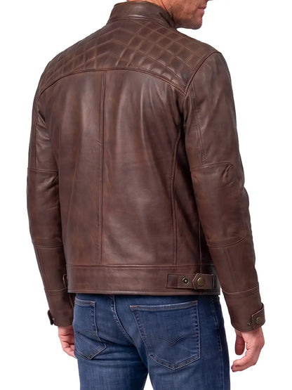 Men's Cognac Brown Quilted Leather Cafe Racer Jacket