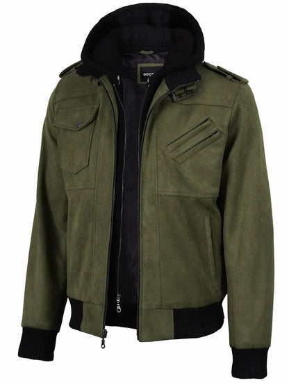 Men's Olive Green Faux Suede Hooded Bomber Jacket