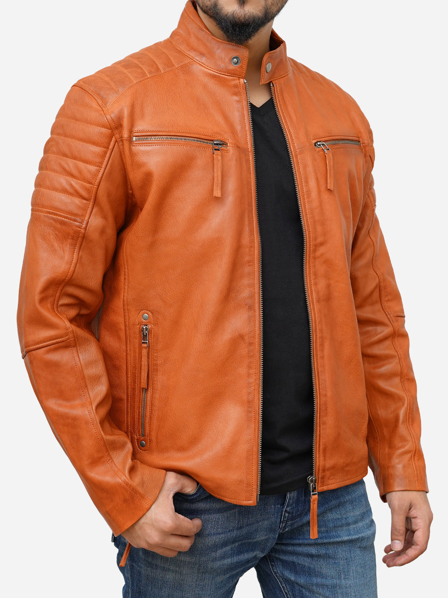 Men's Tan Brown Cafe Racer Leather Jacket Max Jackets