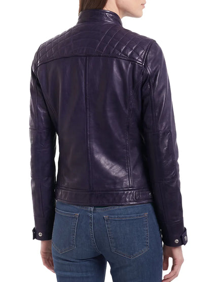 Johnson Women's Purple Quilted Cafe Racer Style Leather Jacket